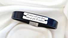 Bratara barbateasca cu piele neagra - Placuta cu aspect mat - Gravura personalizata - Argint 925 - Inchizatoare magnetica inox