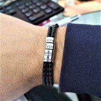 Bratara barbati - 4 modele cilindrice din Argint 925 personalizate - 3 straturi piele impletita - inchizatoare carabina - 1