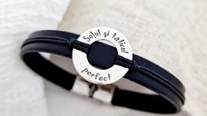 Bratara barbati model Disc cu mesaj personalizat - Argint 925, piele, inchizatoare fixa clips otel inoxidabil