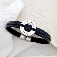 Bratara barbati model Disc cu mesaj personalizat - Argint 925, piele, inchizatoare fixa clips otel inoxidabil - 1
