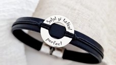 Bratara barbati model Disc cu mesaj personalizat - Argint 925, piele, inchizatoare fixa clips otel inoxidabil