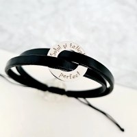 Bratara barbati - Model disc personalizat din Argint 925 impletit cu 2 straturi de piele neagra - Inchizatoare snur reglabil - 1