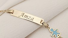 Bratara bebe - Personalizata cu nume - Placuta cu baiat si lant gros - Aur Galben 9K si Blue Mother of Pearl
