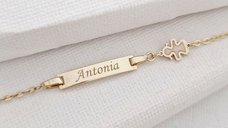 Bratara bebe - Personalizata cu nume - Placuta cu fetita si lant gros - Aur Galben 14K si Pink Mother of Pearl