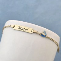 Bratara bebe - Placuta cu nume - Simbol barcuta colorata si lantisor - Argint 925 placat cu Aur Galben 18K - 1
