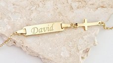 Bratara bebe - Placuta cu nume - Simbol cruciulita si lantisor - Argint 925 placat cu Aur Galben 18K
