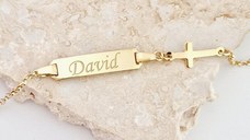 Bratara bebe - Placuta cu nume - Simbol cruciulita si lantisor - Argint 925 placat cu Aur Galben 18K