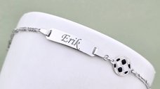 Bratara bebe - Placuta cu nume - Simbol minge de fotbal si lantisor - Argint 925 Rodiat