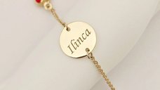 Bratara Chic Baby - Banut personalizat si Inimioare cu email rosu - Lantisor ajustabil - Aur Galben 9K
