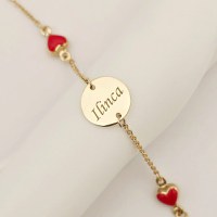 Bratara Chic Baby - Banut personalizat si Inimioare cu email rosu - Lantisor ajustabil - Aur Galben 9K - 1