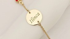 Bratara Chic Baby - Banut personalizat si Inimioare cu email rosu - Lantisor ajustabil - Aur Galben 9K