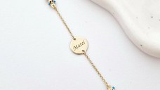 Bratara Chic Baby - Banut personalizat si Ursuleti cu email albastru - Lantisor ajustabil - Aur Galben 9K