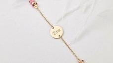 Bratara Chic Baby - Banut personalizat si Ursuleti cu email roz - Lantisor ajustabil - Aur Galben 9K
