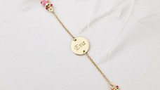 Bratara Chic Baby - Banut personalizat si Ursuleti cu email roz - Lantisor ajustabil - Aur Galben 9K
