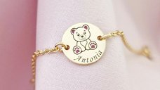 Bratara Chic Bijoux personalizata cu ursulet cu email roz, 12 mm, argint 925 placat cu aur galben 18K, pentru fete si baieti