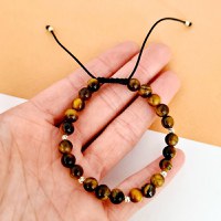 Bratara Conexiune profunda - Pietre Ochi de Tigru - Bilute din Aur 14K - Snur negru rezistent si reglabil - 1