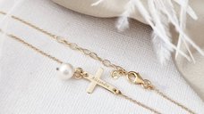 Bratara cruce cu picatura de Perla - Model cu lantisor elegant - Aur Galben 14K