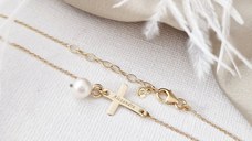 Bratara cruce cu picatura de Perla - Model cu lantisor elegant - Aur Galben 14K