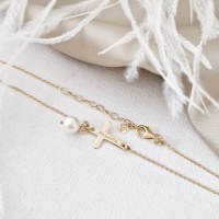 Bratara cruce cu picatura de Perla - Model cu lantisor elegant - Aur Galben 14K - 1