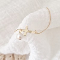 Bratara cruce cu picatura de Perla - Model cu lantisor elegant - Aur Galben 9K - 1