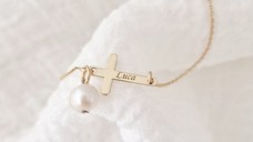 Bratara cruce cu picatura de Perla - Model cu lantisor elegant - Aur Galben 9K