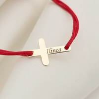 Bratara Cruciulita de 15 mm - Nume gravat - Aur Galben 14K - Snur reglabil de diverse culori - 1