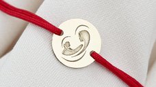 Bratara cu Banut de 10 mm - Fecioara Maria si Pruncul Iisus - Aur Galben 14K cu Snur Reglabil