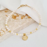 Bratara cu Perle - Charm scoica Venus - Model sirag perle cu 8 bilute - Argint 925 placat cu Aur Galben 18K - 1
