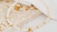 Bratara cu Perle - Charm scoica Venus - Model sirag perle cu 8 bilute - Argint 925 placat cu Aur Galben 18K