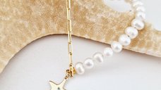 Bratara cu Perle si Diamant natural - Stella Marina - Model combinat cu perle si lantisor zale - Argint 925 placat cu Aur Galben 18K