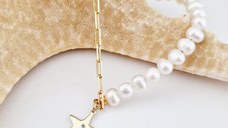 Bratara cu Perle si Diamant natural - Stella Marina - Model combinat cu perle si lantisor zale - Argint 925 placat cu Aur Galben 18K