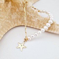 Bratara cu Perle si Diamant natural - Stella Marina - Model combinat cu perle si lantisor zale - Argint 925 placat cu Aur Galben 18K - 1
