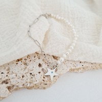Bratara cu Perle - Stea de mare cu Diamant natural - Model combinat cu perle si lantisor zale - Argint 925 Rodiat - 1