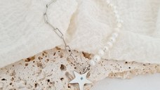 Bratara cu Perle - Stea de mare cu Diamant natural - Model combinat cu perle si lantisor zale - Argint 925 Rodiat