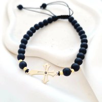 Bratara cu pietre Onix - Model Cruce cu Diamant Negru si Bilute - Argint 925 placat cu Aur galben 18K- Snur reglabil - 1