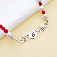 Bratara de picior – Inima cu initiala si aripi de inger – Argint 925 – Model lantisor, perle si coral - 1