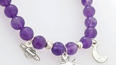 Bratara din Ametist si Talismane din Argint 925 - Luna, Soarele si Saturn - Snur elastic