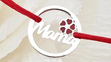 Bratara disc si nume decupat - Mama si floare cu email rosu - Argint 925 - Snur reglabil, diverse culori