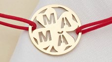 Bratara disc si trifoi cu patru foi - decupaj Mama - Argint 925 placat cu Aur Galben 18K- Snur reglabil, diverse culori