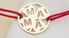 Bratara disc si trifoi cu patru foi - decupaj Mama - Argint 925 placat cu Aur Galben 18K- Snur reglabil, diverse culori