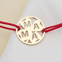 Bratara disc si trifoi cu patru foi - decupaj Mama - Argint 925 placat cu Aur Galben 18K- Snur reglabil, diverse culori - 1