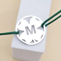 Bratara disc si trifoi - Initiala personalizata - Argint 925- Snur reglabil, diverse culori - 1