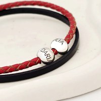 Bratara duo cu 2 straturi piele impletita rosie si neagra & 2 bilute din Argint 925 - Inchizatoare inox - 1