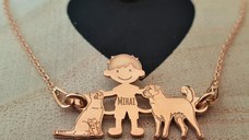Bratara Familie - 3 Membri - baiat cu pisica si caine Ciobanesc turcesc Kangal - Argint 925 placat cu Aur roz 18K, cu lantisor