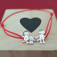 Bratara Familie 4 membri - copii, caine si bebe - Argint 925, snur rosu - 1