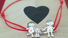 Bratara Familie 4 membri - copii, caine si bebe - Argint 925, snur rosu