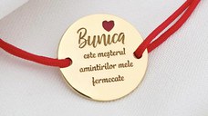 Bratara festiva - Bunica mesterul amintirilor - Banut gravat si simbol inima cu email - Argint 925 placat cu Aur Galben 18K - Snur reglabil