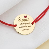 Bratara festiva - Bunica mesterul amintirilor - Banut gravat si simbol inima cu email - Argint 925 placat cu Aur Galben 18K - Snur reglabil - 1