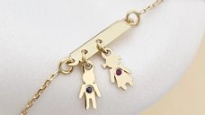 Bratara Fior al Vietii - Model placuta cu charm Baietel si Fetita cu Safir si Rubin - Argint 925 placat cu Aur Galben 18K