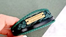 Bratara Fresh - Model barbatesc cu piele verde - Placuta cu gravura personalizata din Argint 925 placat cu Aur Galben 18K - Inchizatoare neagra inox